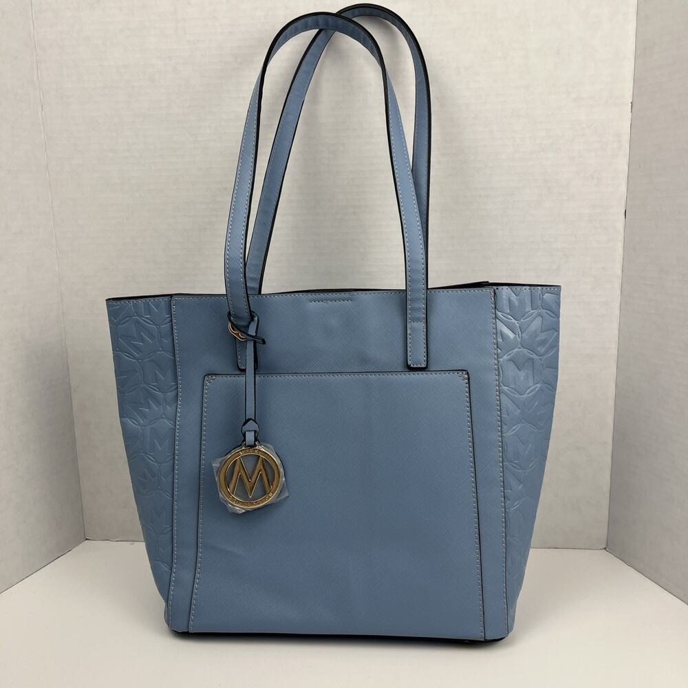 MFK Collection Leah Signature Vegan Leather Handbag Bucket Bag Mia K Blue Tote